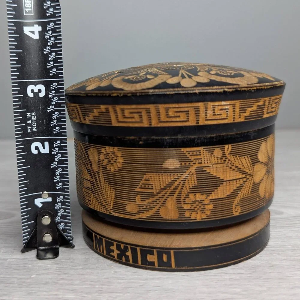 Vintage Round Wooden Carved Trinket Box w/ Lid Says Mexico